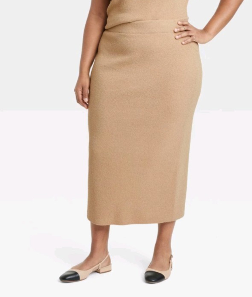 Women's Midi Boucle Sweater Skirt Tan 4X Office Academia Business Casual Preppy